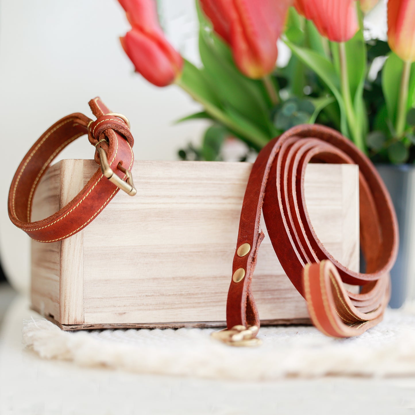 Lederen Leiband Cognac-Geel