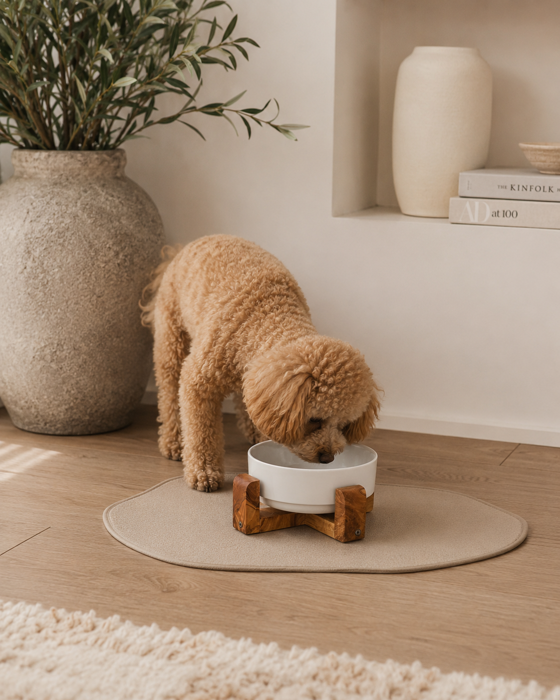 Eetkom met olfijhouten staander voor kleine honden